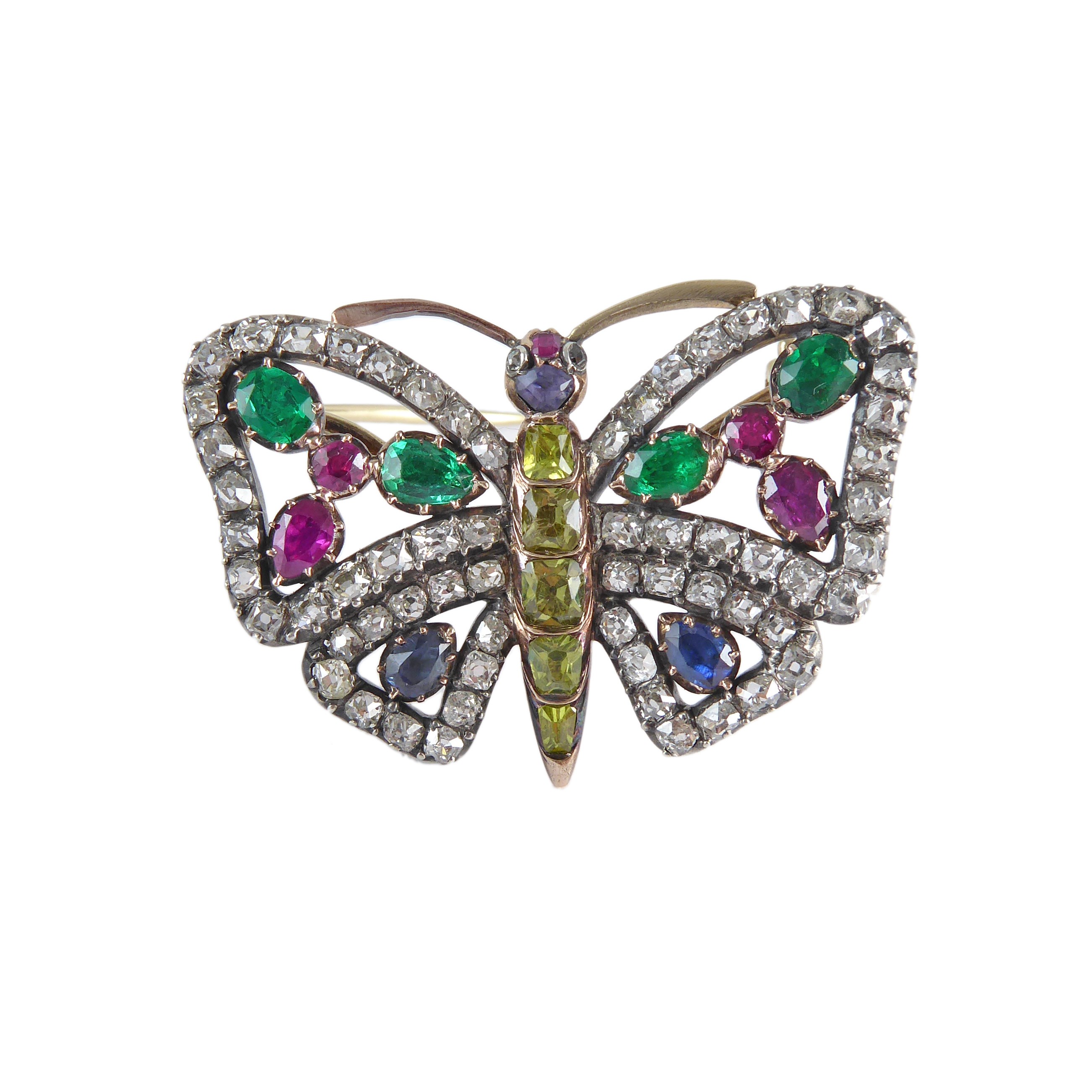 Antique diamond and gem set butterfly brooch c.1800, with emeralds, rubies, sapphires and chrysoberyls,